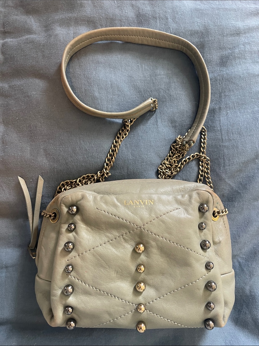 Lanvin Pale Gray Stud-Trim Quilted Leather Crossbody Bag
